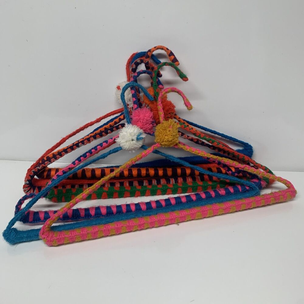 Lot 8 Vintage Crocheted Handmade Yarn Knit Pants Hanger Hangers Boho Colorful